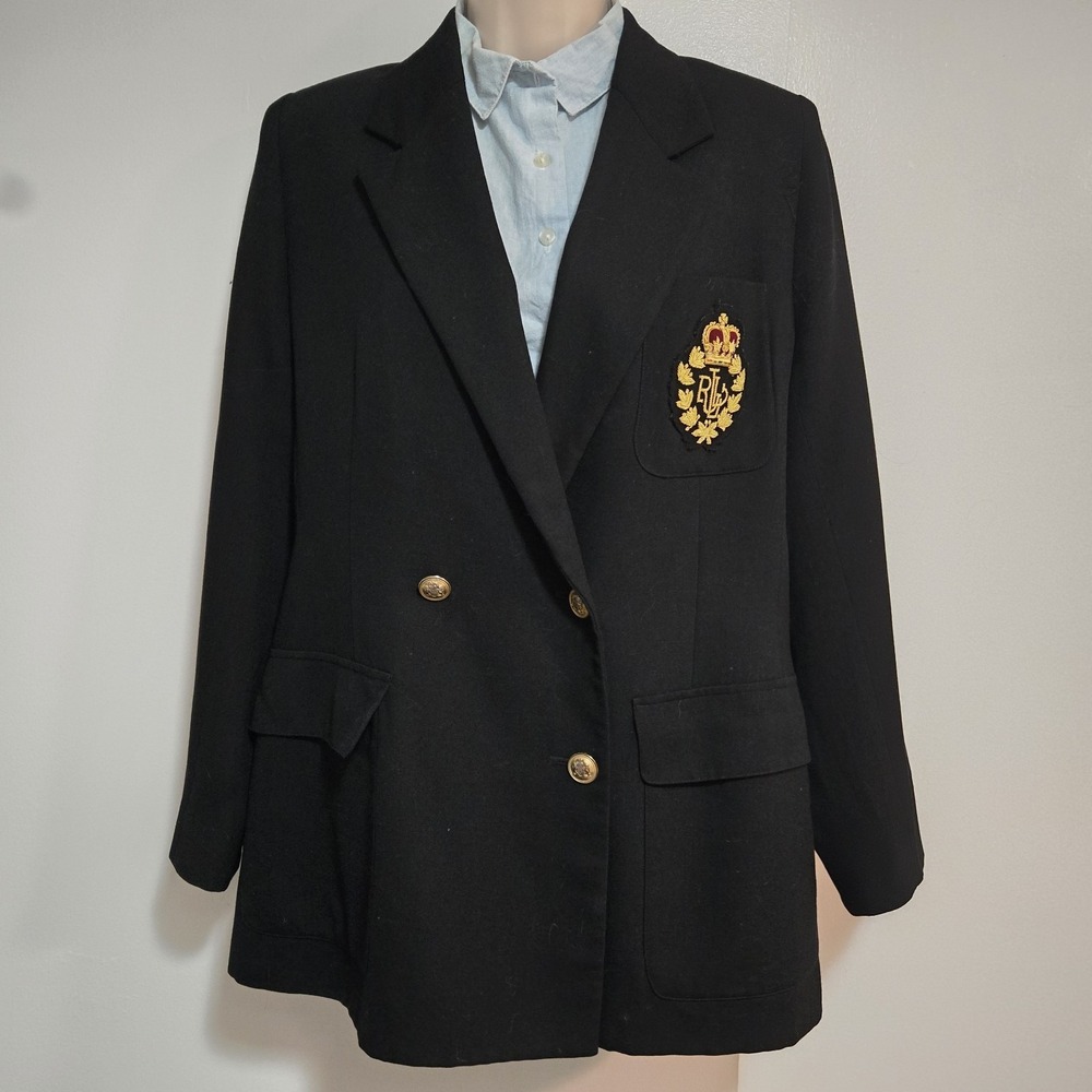 Ralph Lauren Blazer 10 Navy Blue Wool Crown Crest Gold Button Double Breasted